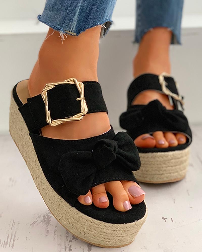 

Bowknot Design Cutout Buckled Platform Espadrille Sandals, Black