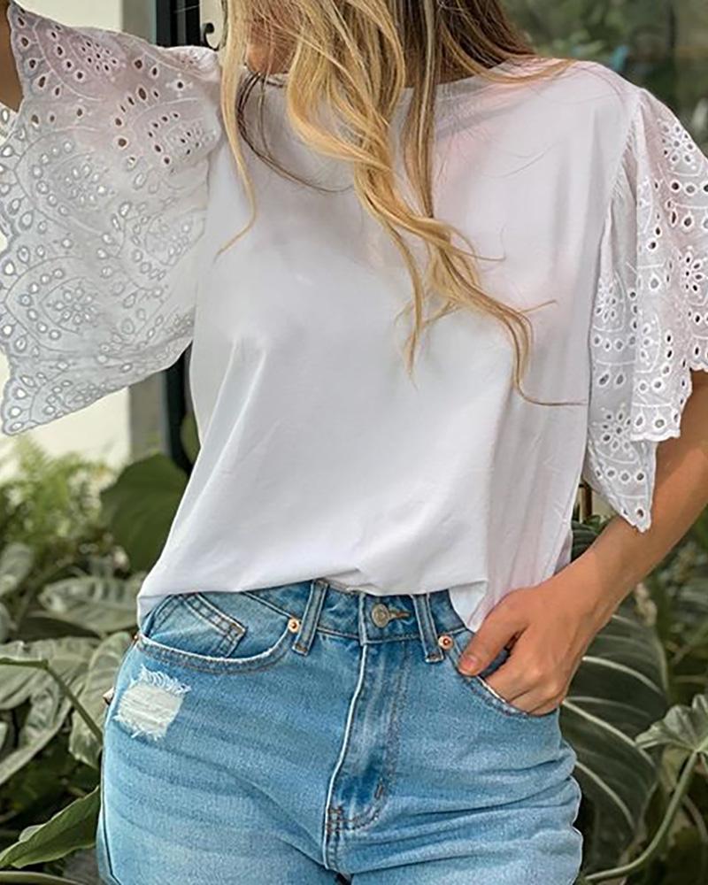 

Eyelet Embroidery Short Sleeve Casual T-shirt, White