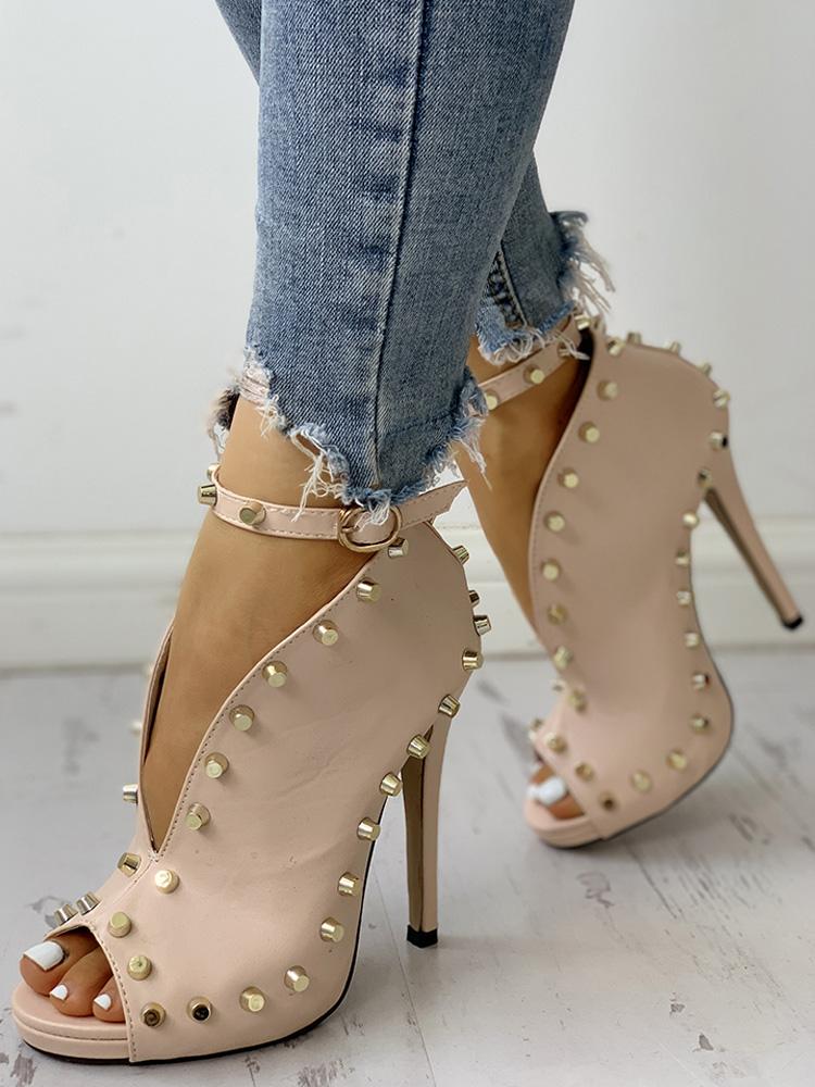 

Rivet Embellished Hollow Out Buckle Peep Toe Pumps, Khaki