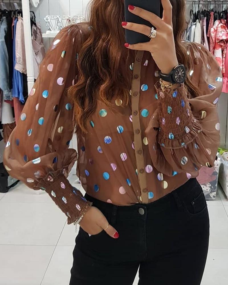 

Sheer Mesh Lantern Sleeve Sequins Dot Shirt, Dark brown