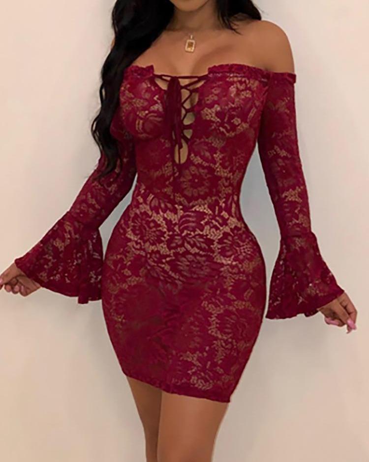 

Lace-Up Bell Sleeve Bodycon Lace Dress, Red