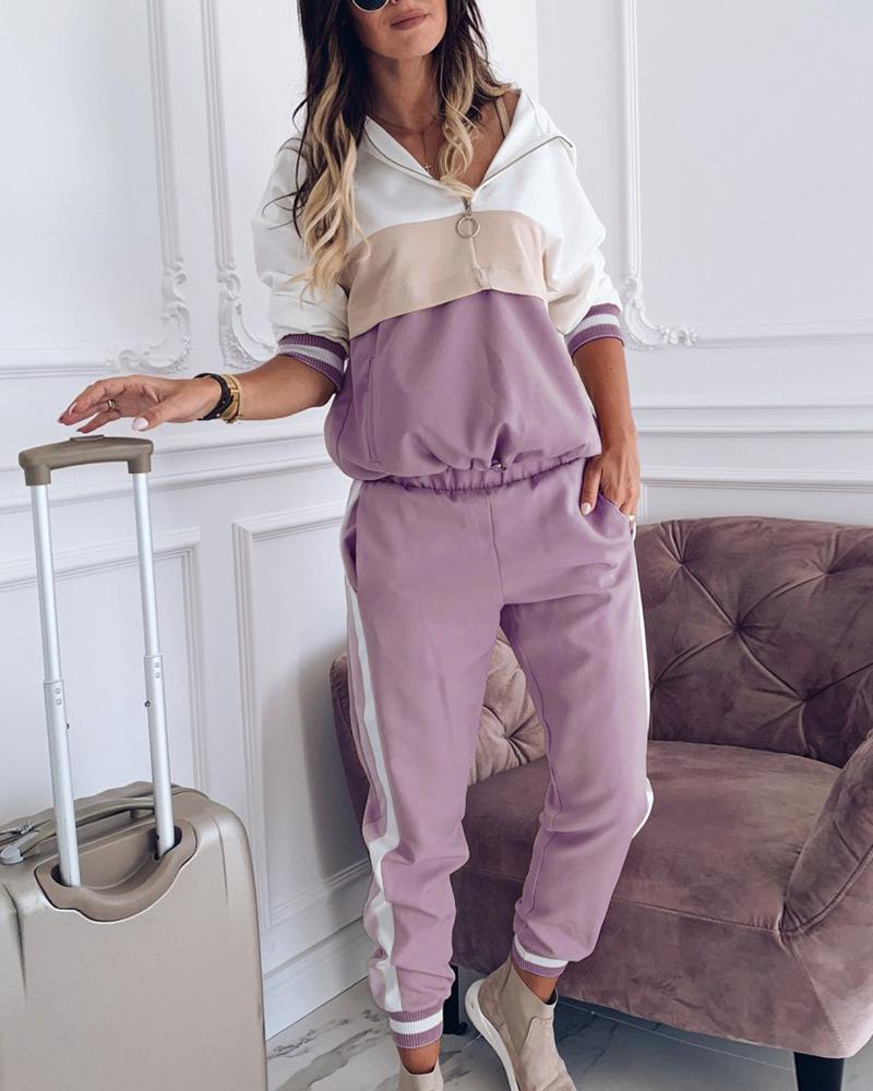 

Colorblock Zipped Hooded Top & Casual Pant Sets, Purple