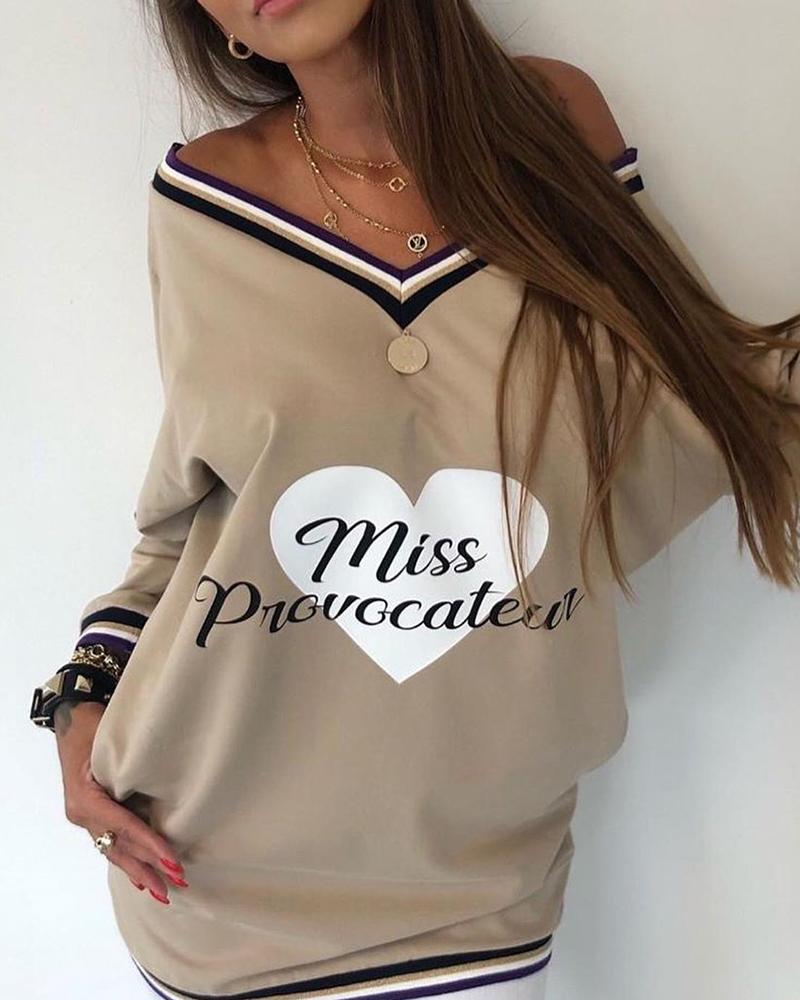 

V Neck Letter Print Sweatshirt, Khaki