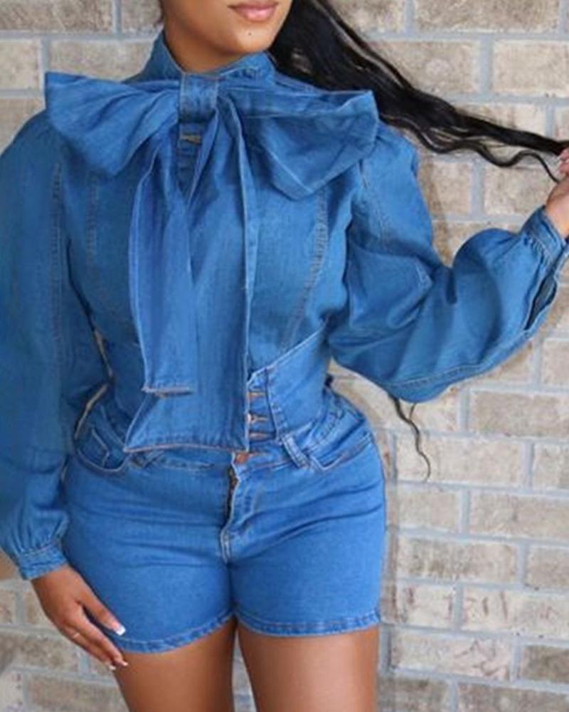 

Solid Denim Bowknot Design Top & Short Sets, Blue