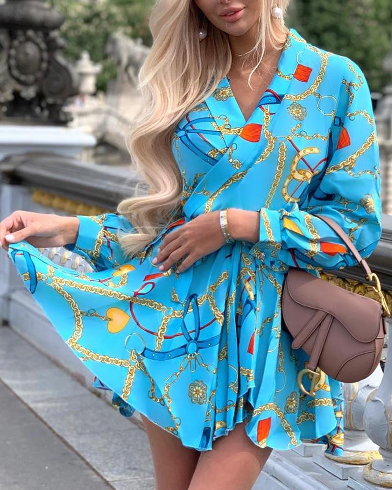 

Golden Chain Print Wrap Dress, Blue
