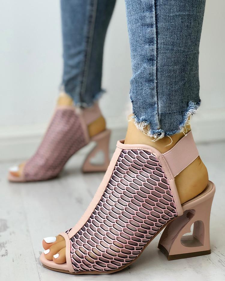 

Peep Toe Hollow Out Heart Pattern Heeled Sandals, Pink
