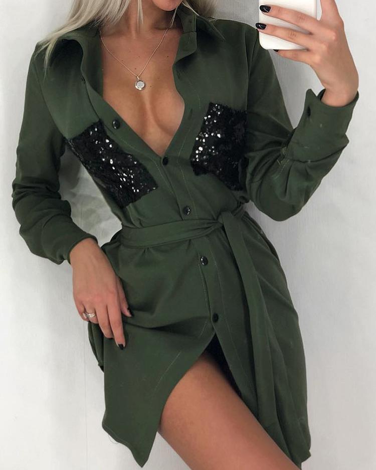 

Contrast Sequins Pocket Casual Shirt Dress, Army green