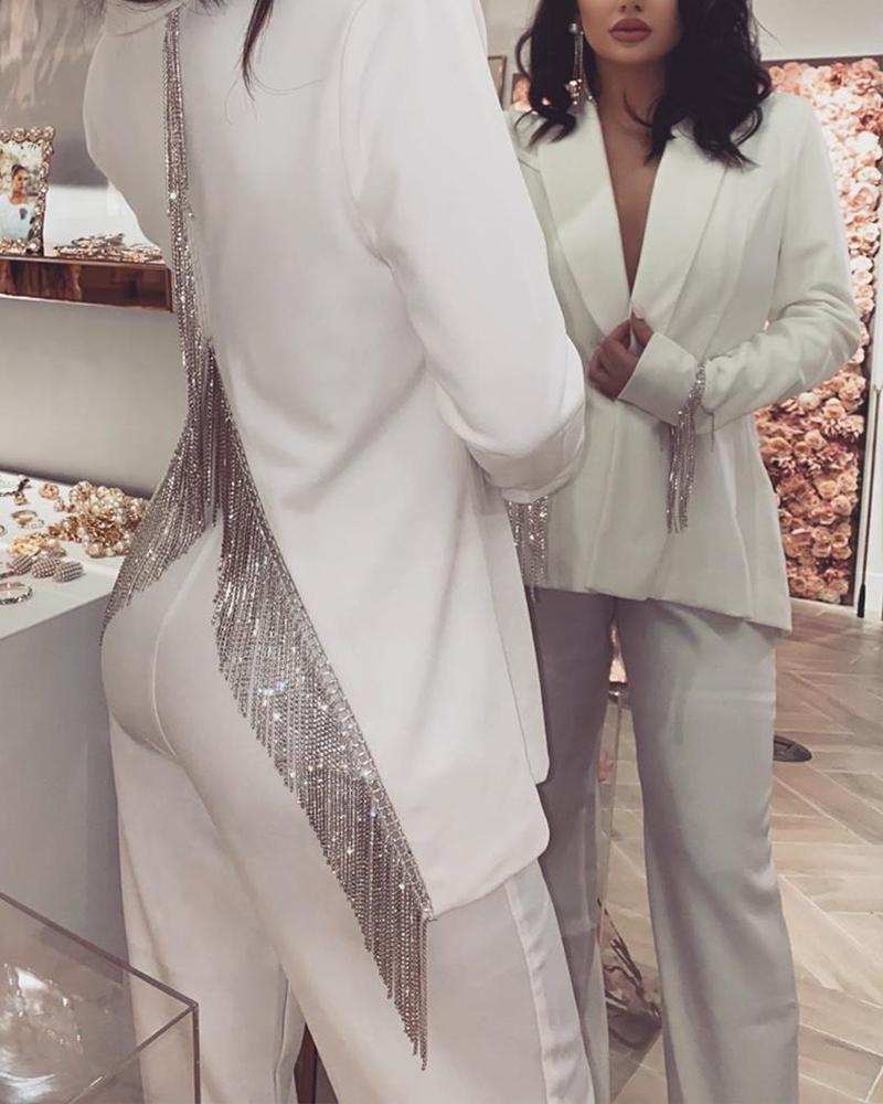 

V Neck Sequin Fringe Top, White