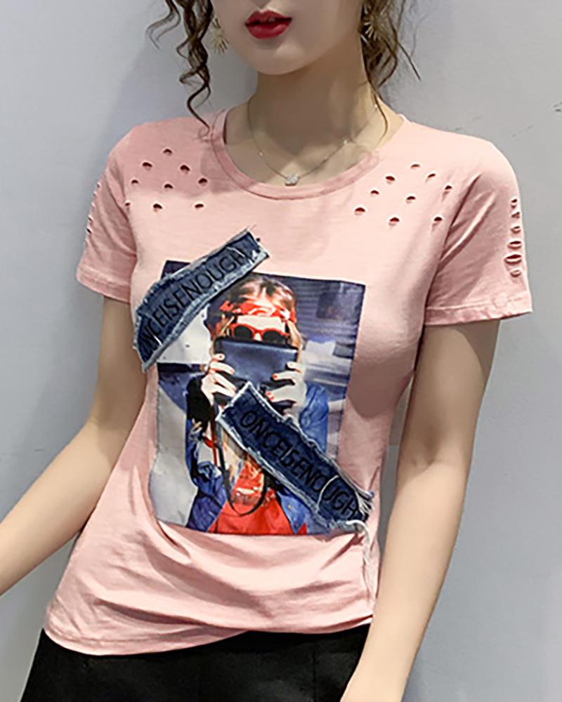 

Hollow Out Round Neck Short Sleeve T-shirt, Pink