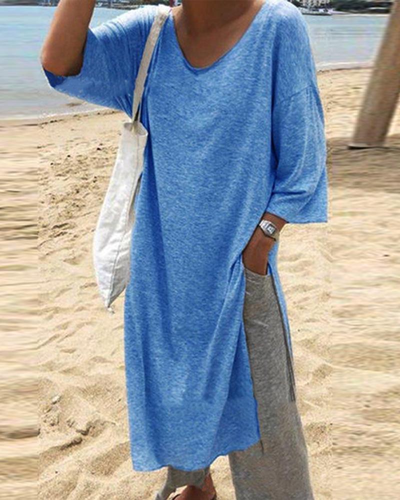 

V Neck Side Split Shift Dress, Sky blue