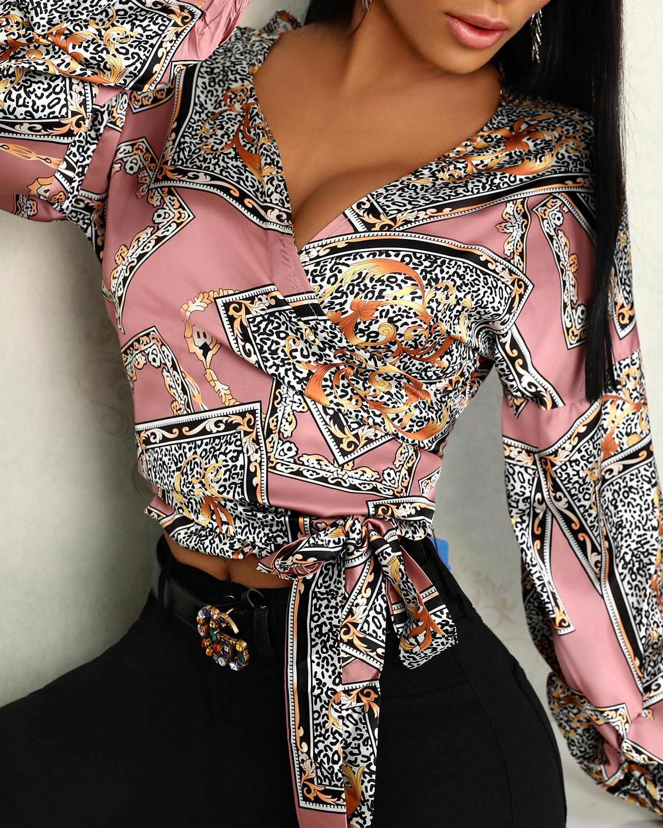 

Vintage Tie Waist Bishop Sleeve Wrap Blouse, Multicolor