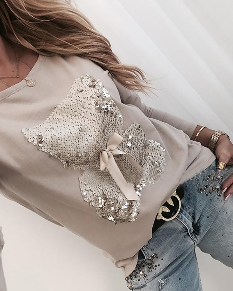 

Bear Pattern Sequins Bowknot Round Neck Long Sleeve T-shirt, Apricot