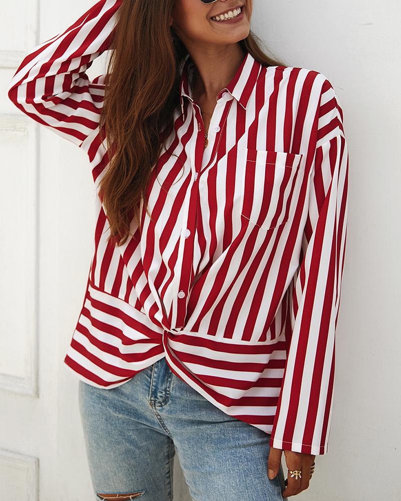 

Long Sleeve Striped Print Scrunch Shirt, Red