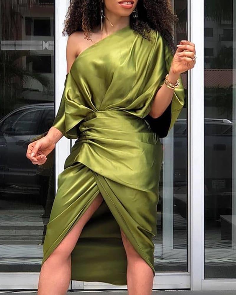 

One Shoulder Ruched Irregular Party Dress, Green