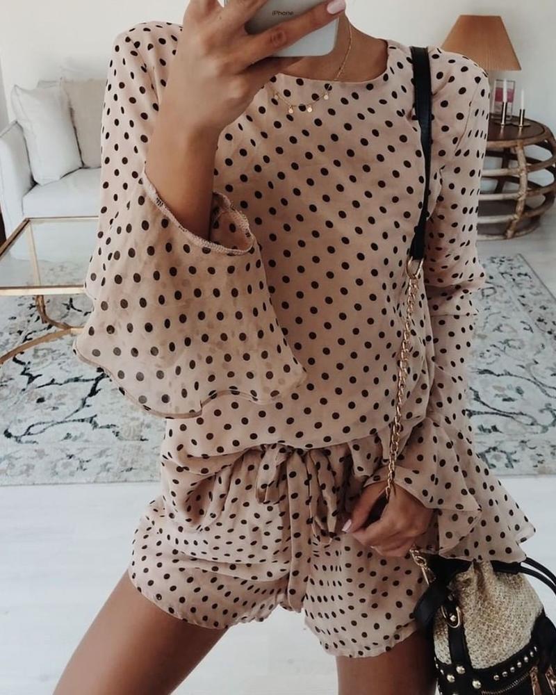 

Dot Print Ruffles Bell Cuff Romper, Nude