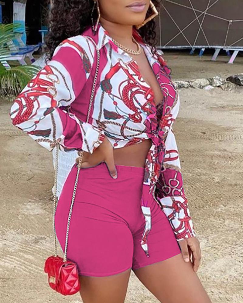 

Retro Print Tie Front Top & Shorts Set, Hot pink