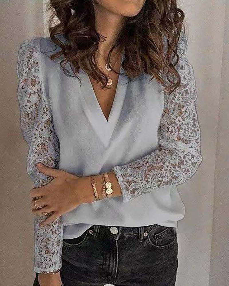 

Long Sleeve Lace Patchwork Blouse, Gray