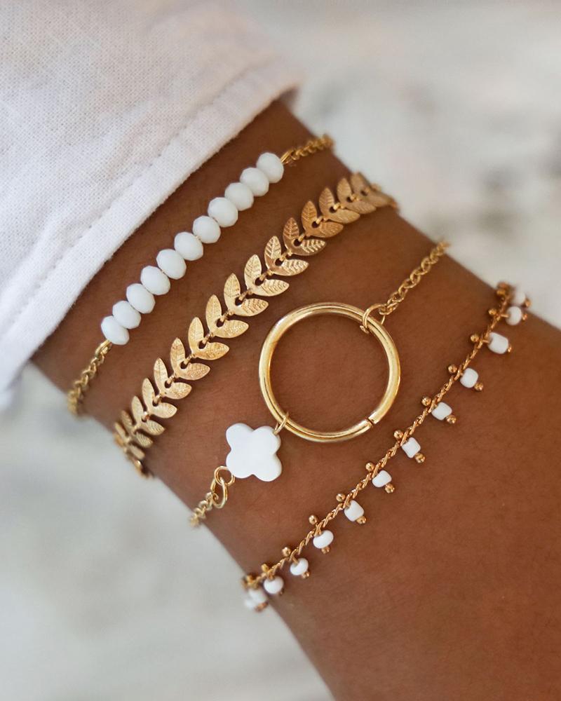

Beaded Leaf Pattern 4PCS Layered Bracelet, Gold