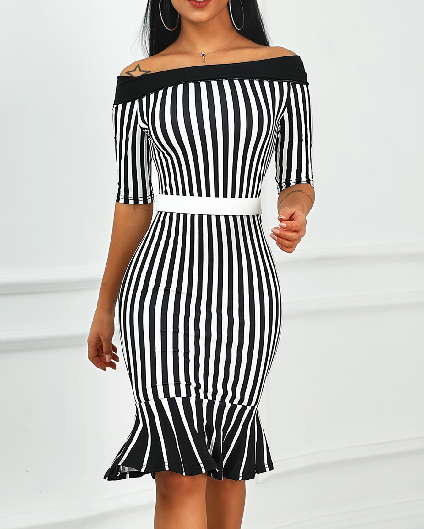 

Off Shoulder Striped Fishtail Hem Dress, Black