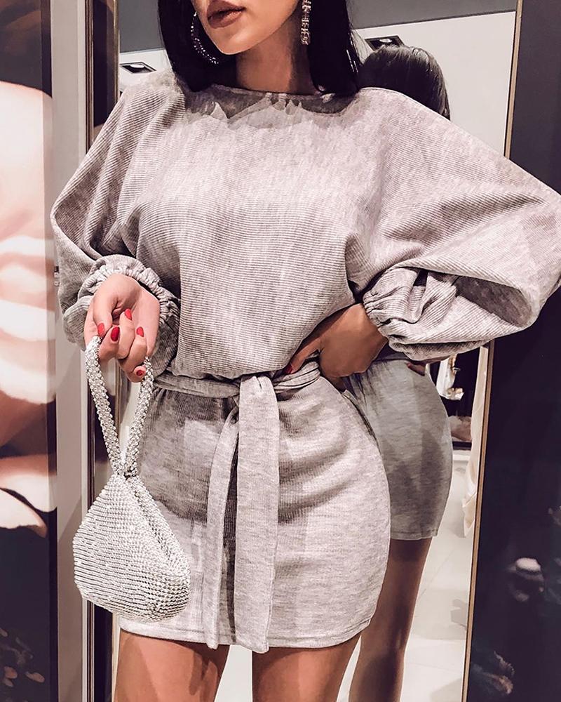 

Solid Round Neck Batwing Sleeve Casual Dress, Gray
