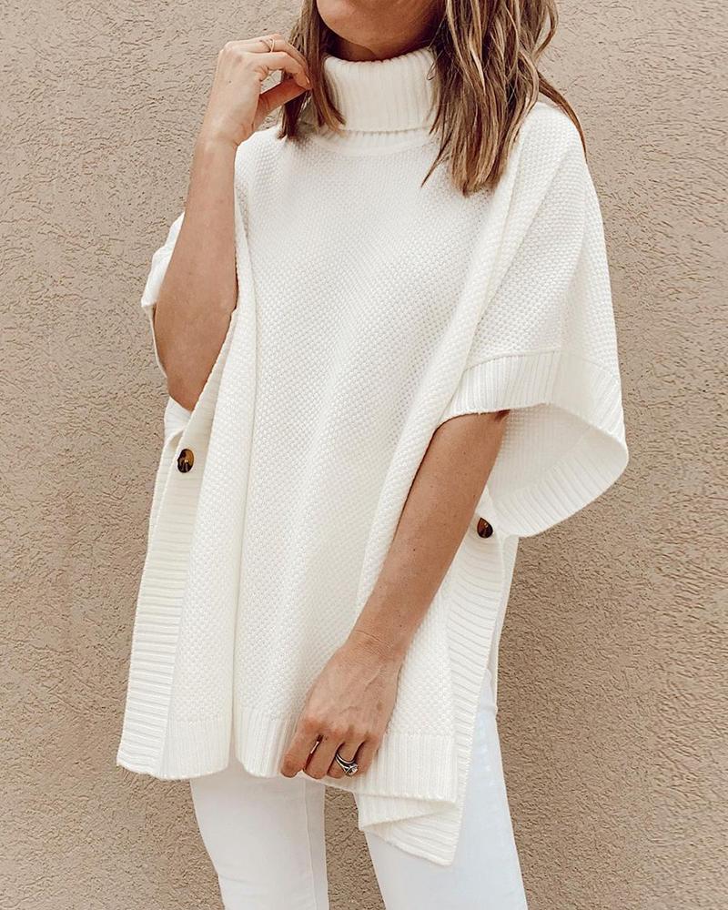 

Plain Knit High Neck Cape Sweater, White