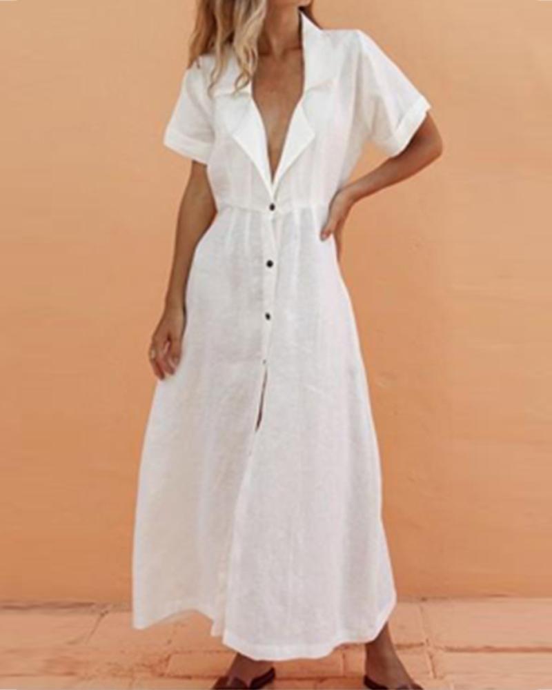 

V-Neck Solid Lapel Short Sleeve Maxi Dress, White