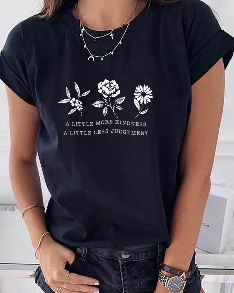 

Floral Print Short Sleeve Casual T-shirt, Black