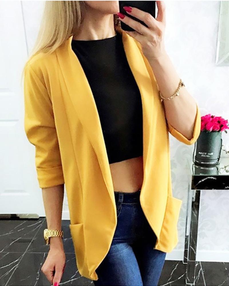 

Solid Notched Collar Pocket Design Blazer, Yellow