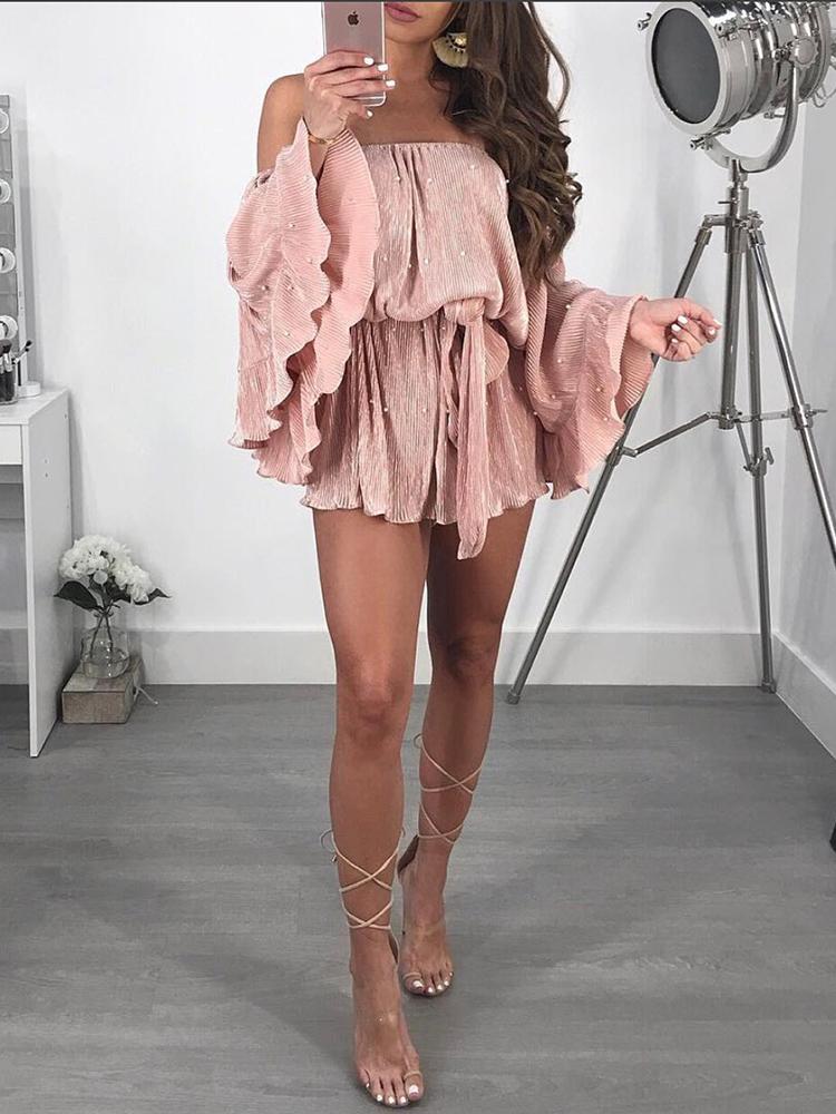 

Off Shoulder Flared Sleeve Belted Sexy Romper, Pink