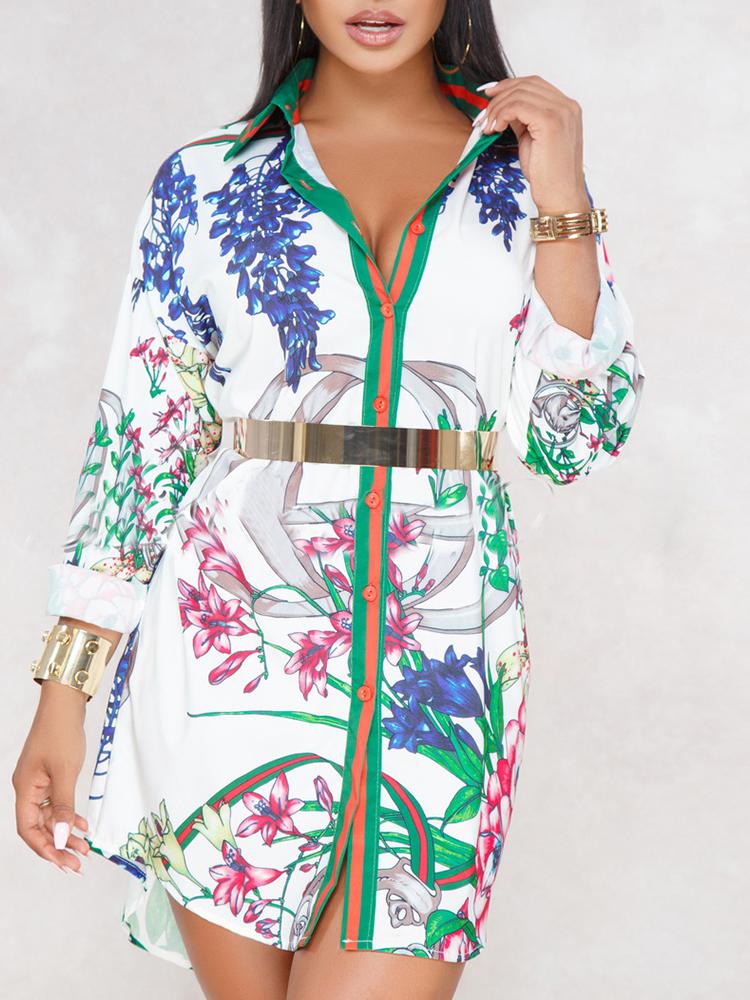 

Floral Print Buttoned Curve Hem Shirt Dress, White