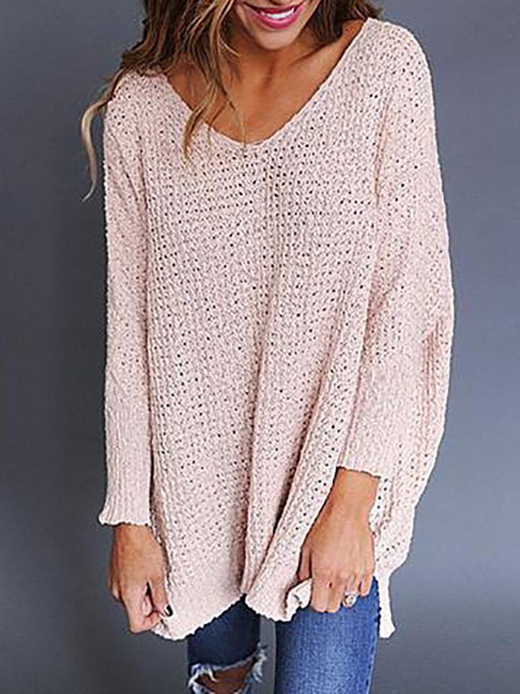 

Solid V-Neck Hollow Out Casual Sweater, Pink