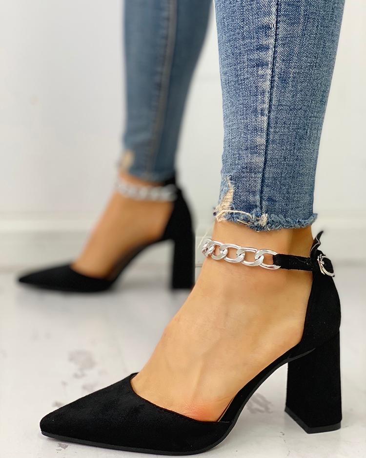

Suede Pointed Toe Chain Buckled Chunky Heels