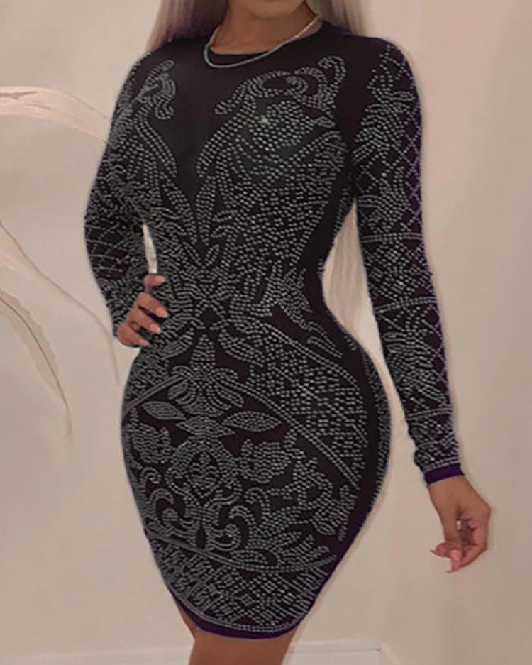 

Hot Stamping Long Sleeve Bodycon Dress, Black