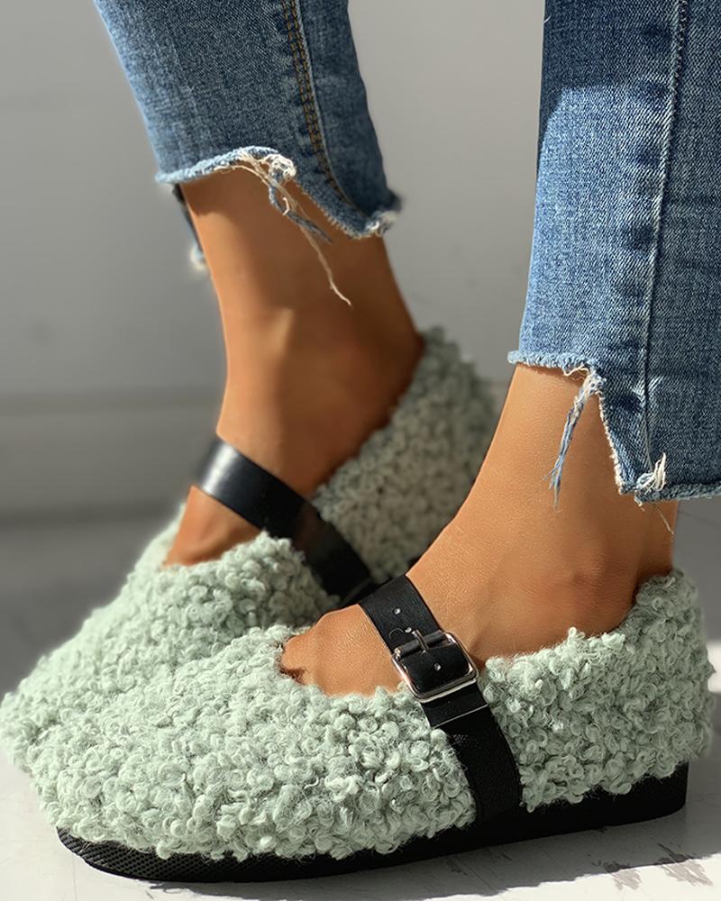 

Buckled Solid Flat Shoes, Green