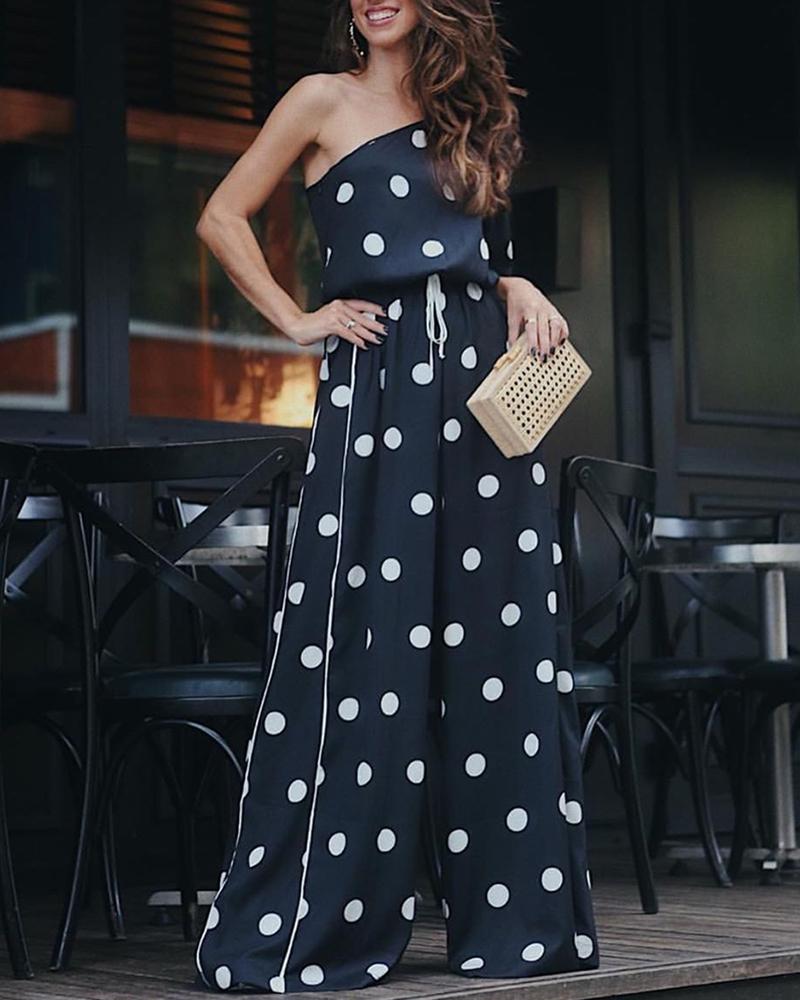 

One Shoulder Dots Wide Leg Jumpsuit, Black