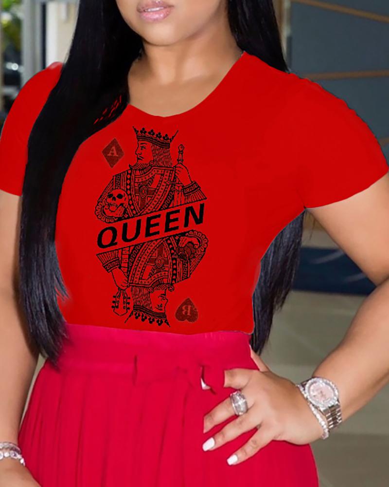 

Poker Print Short Sleeve Casual T-shirt, Red