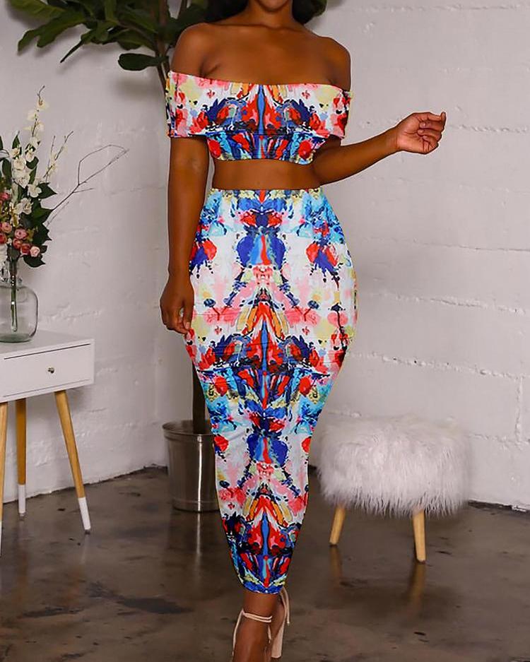 

Digital Print Off Shoulder Top With Slinky Skirt Sets