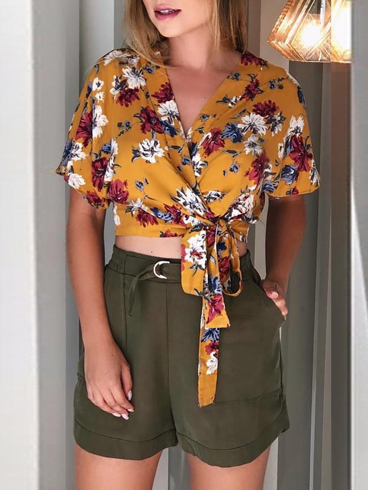 

V-Neck Wrap Floral Print Casual Top, Yellow