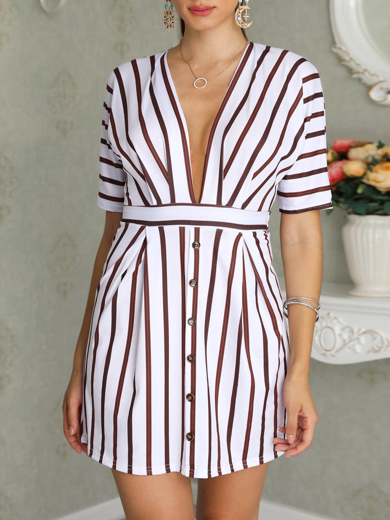 

Vertical Stripes Plunge Button Design Casual Dress, Coffee