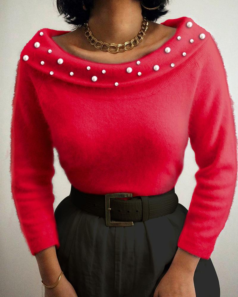 

Beaded Long Sleeve Fluffy Sweater, Red