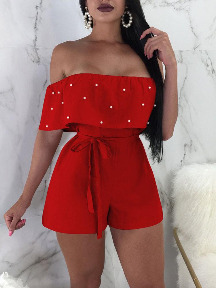 

Beaded Embellished Ruffles Belted Bardot Playsuit, Red