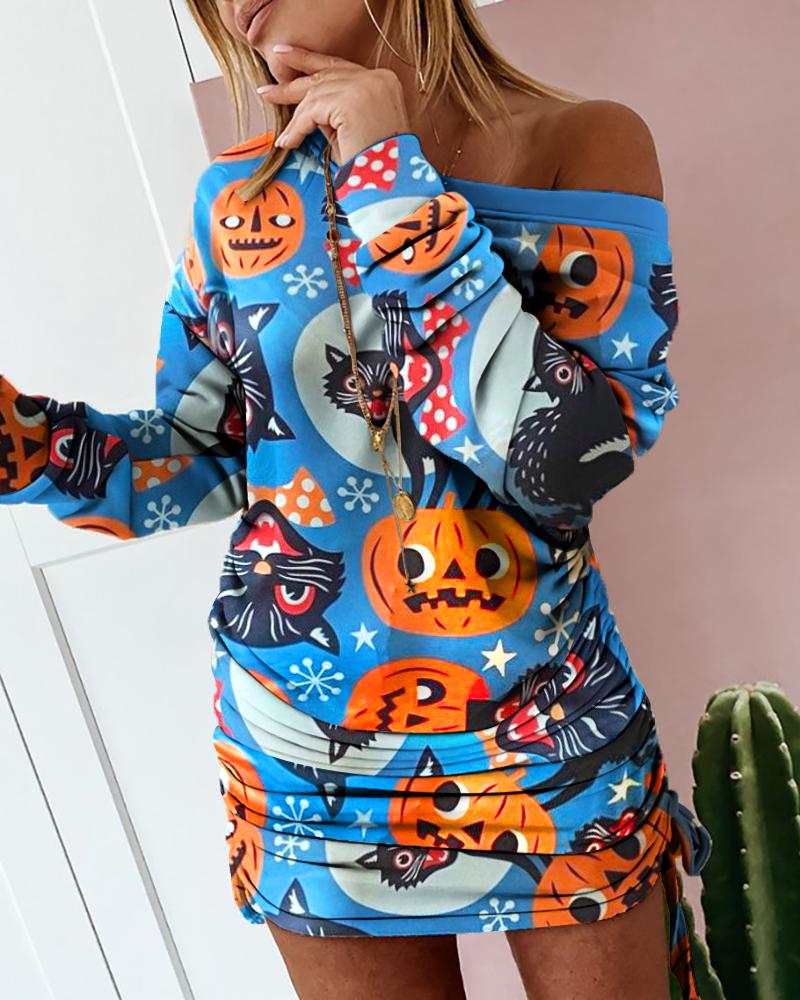 

Halloween Pumpkin Cat Print Sweatshirt Dress, Multicolor