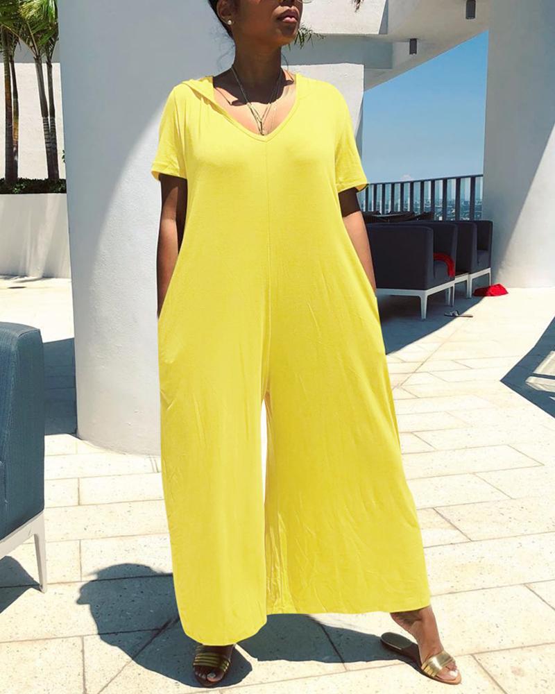 

Hooded Short Sleeve Wide Leg Jumpsuit, Yellow