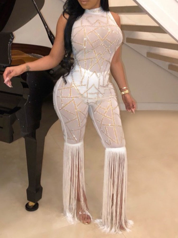 

Hot Stamping Sheer Mesh Tassel Jumpsuit, White