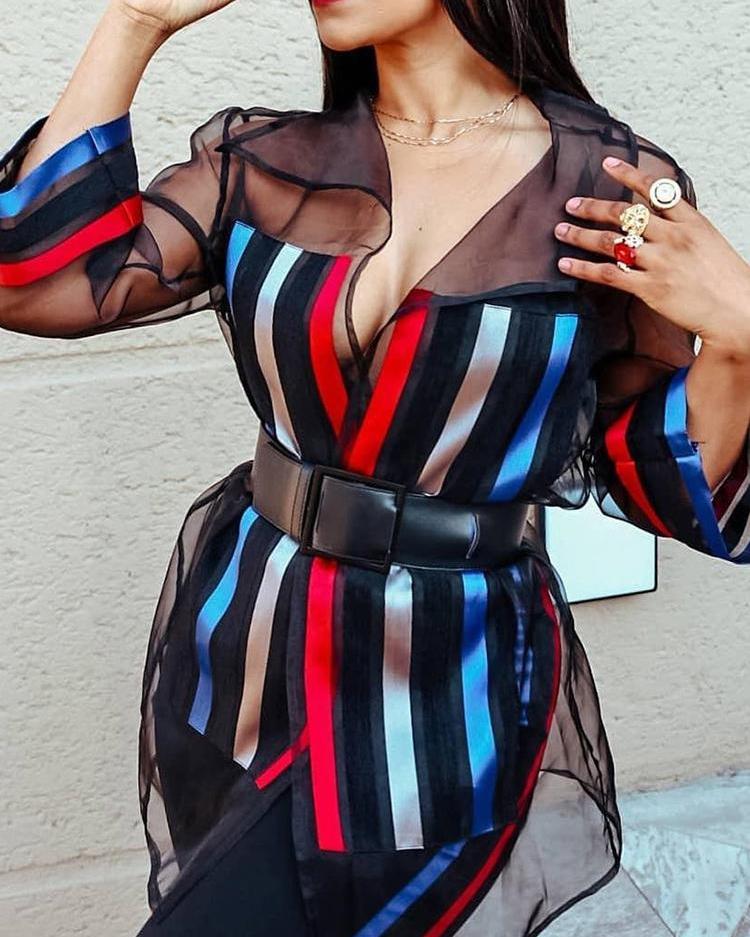 

Colorful Striped Sheer Mesh Shirt, Multicolor