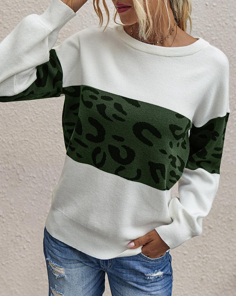 

Cheetah Print Colorblock Long Sleeve Casual Sweater, Army green