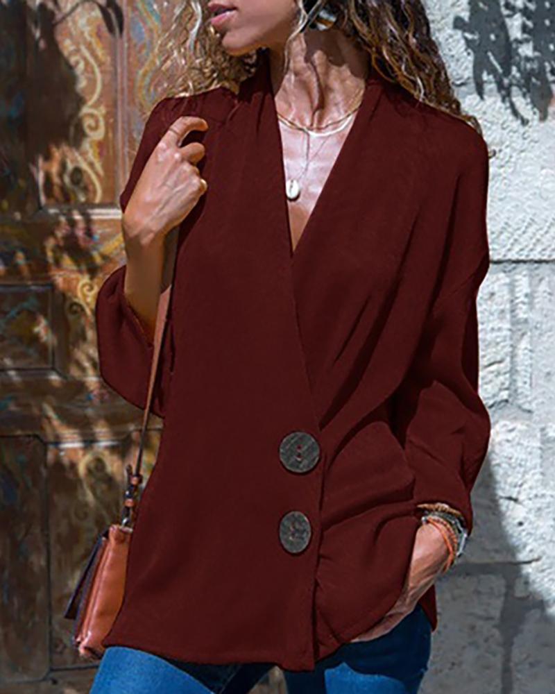 

V Neck Buttoned Surplice Wrap Blouse, Wine red