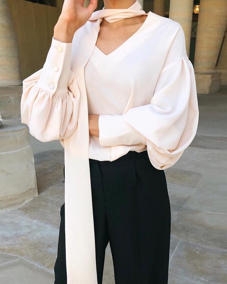 

V Neck Scarf Design Bishop Sleeve Blouse, White