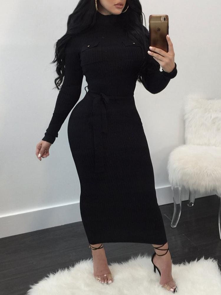 

Solid Pocket Design Belted Bodycon Maxi Dress - Black