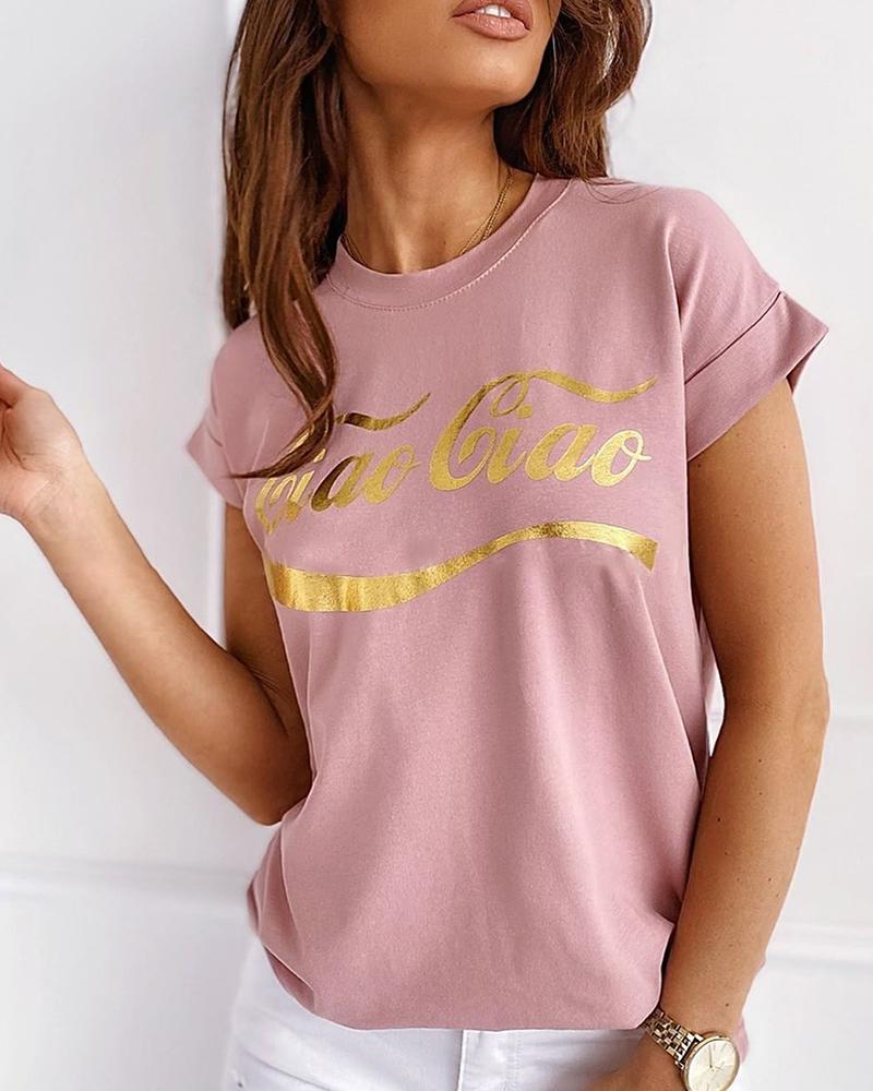

Round Neck Letter Pattern T-shirt, Pink